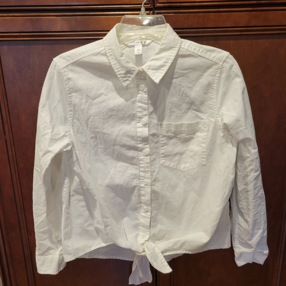 PopSugar Button Down the Front White Tie Front Long Sleeve Shirt size M White